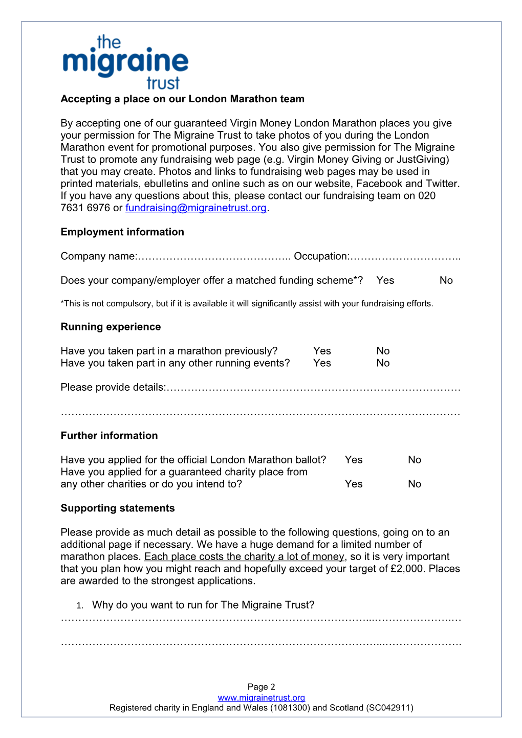 Application Form: Virgin Money London Marathon April 2019 (Exact Date Tbc)