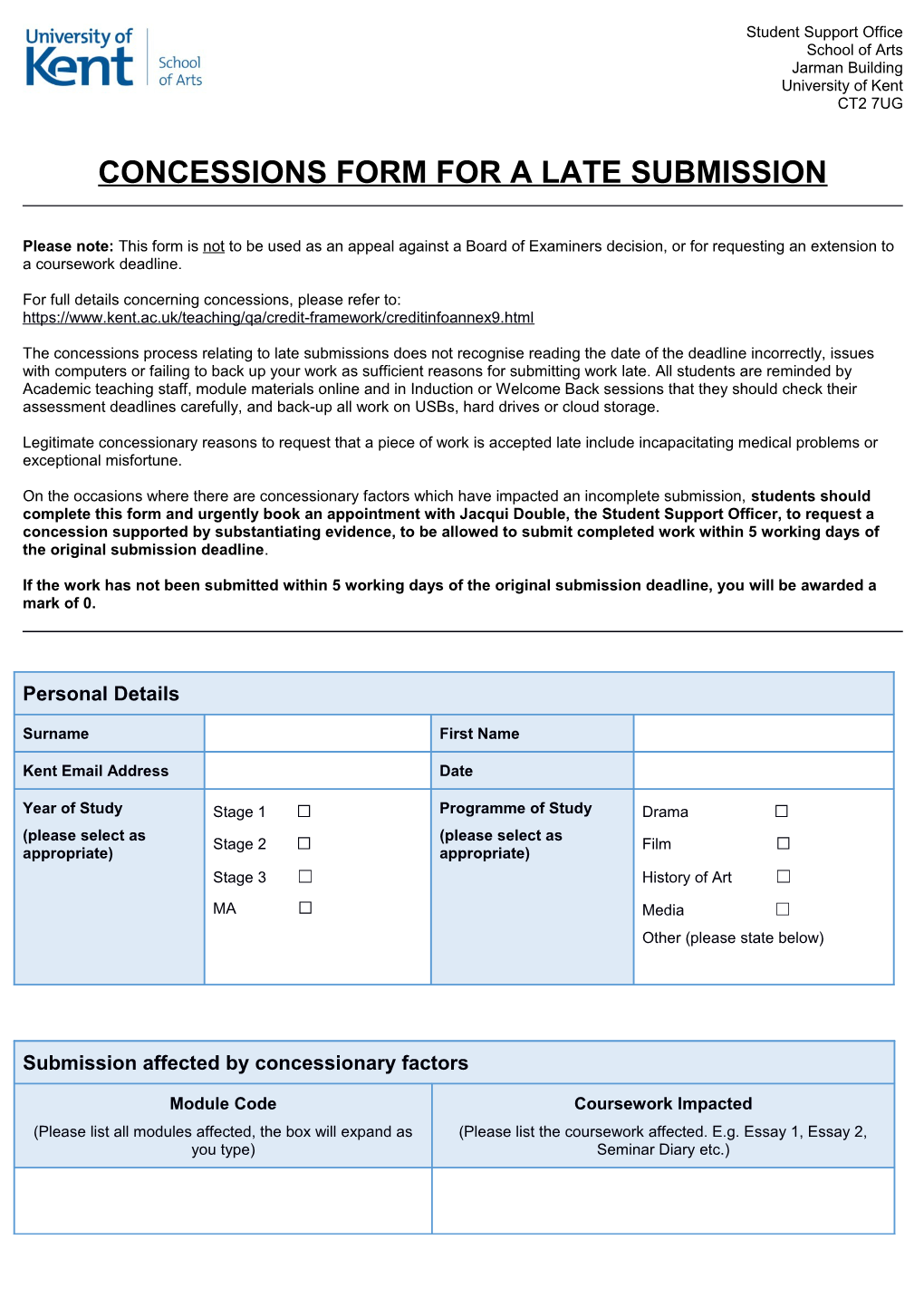 Concessions Form for a Late Submission