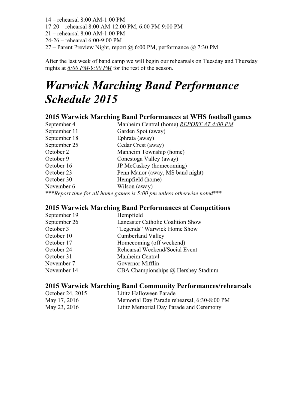 Marching Band Summer Rehearsal Schedule 2015