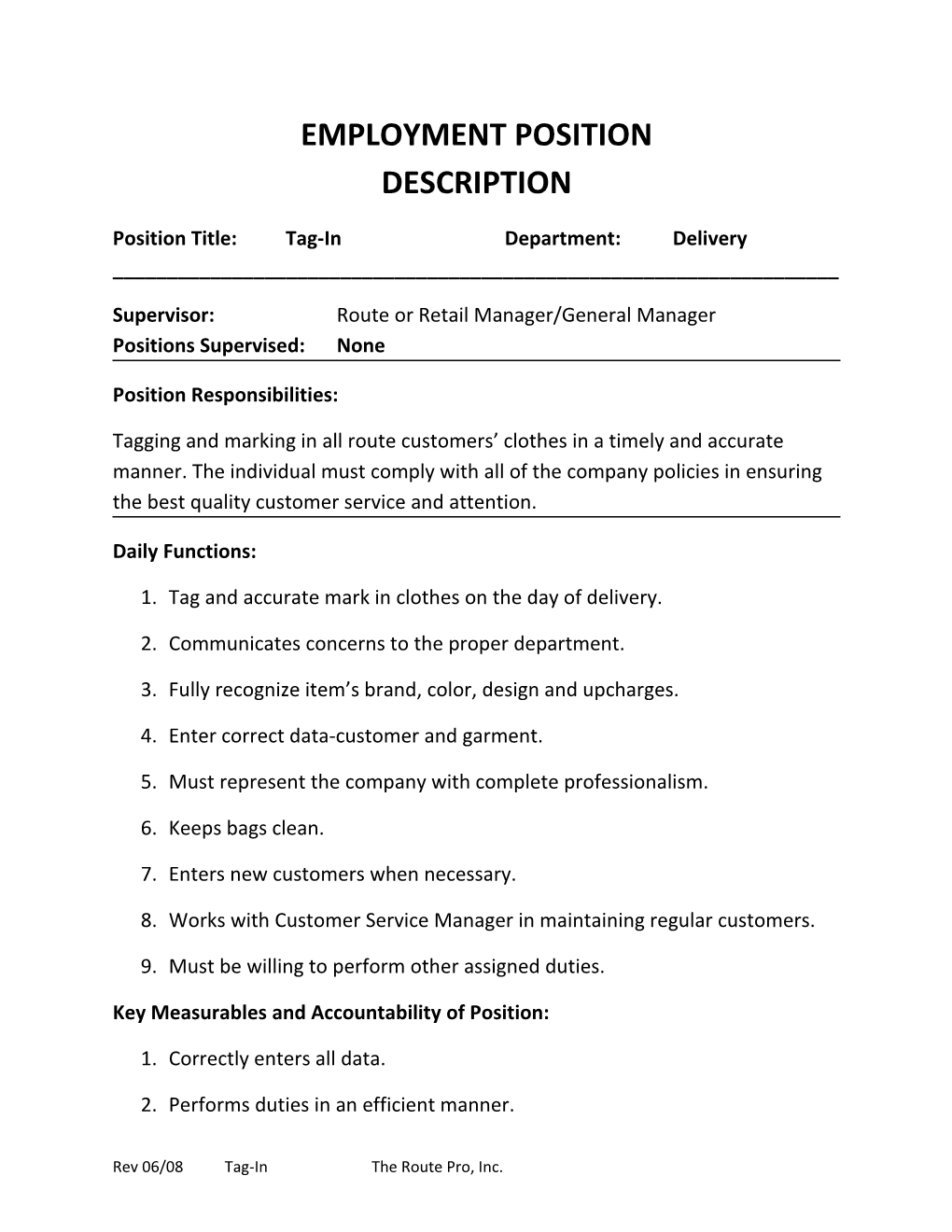 Employment Position Description