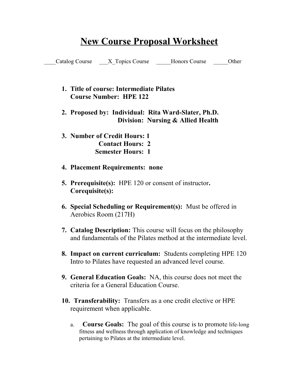 New Course Proposal Worksheet