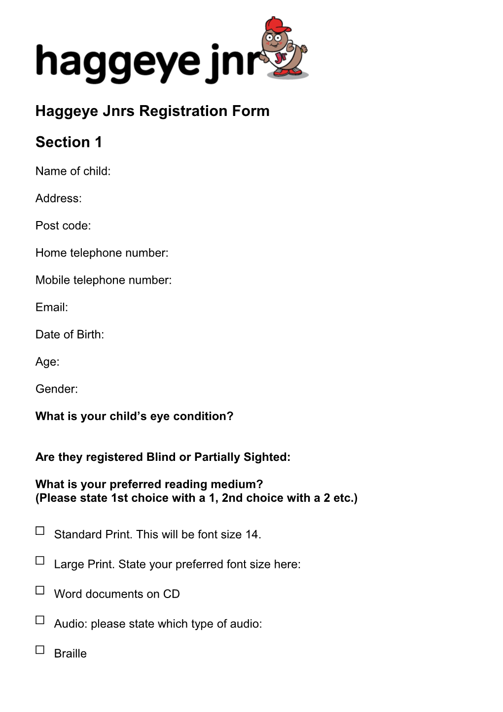 Haggeye Jnrs Registration Form