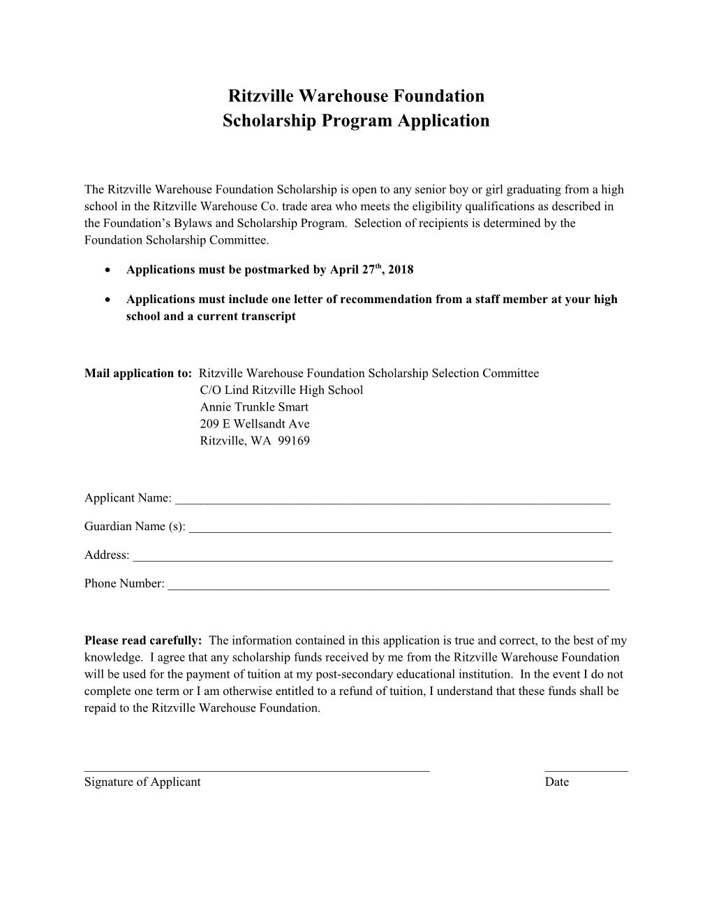 Ritzville Warehouse Foundation Scholarship Program Application