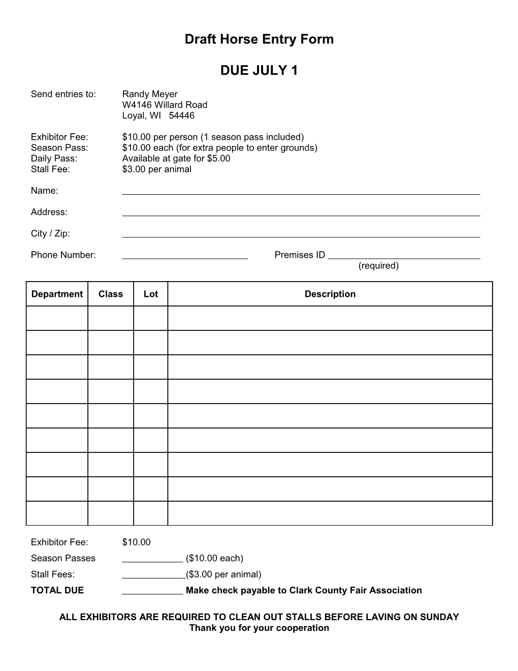 Draft Horse Entry Form