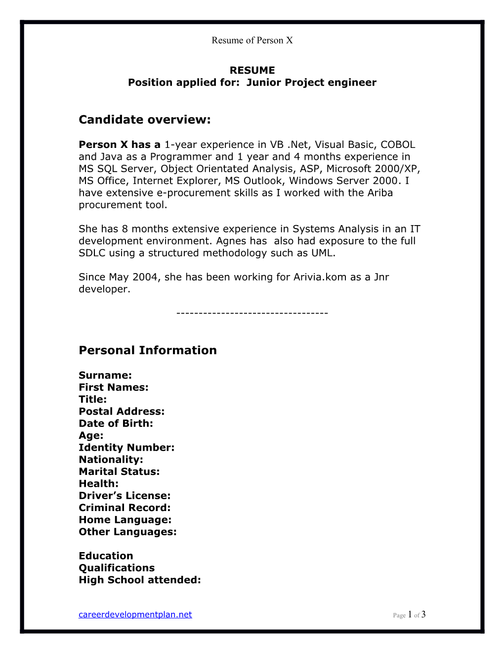 Position Applied For: Junior Project Engineer