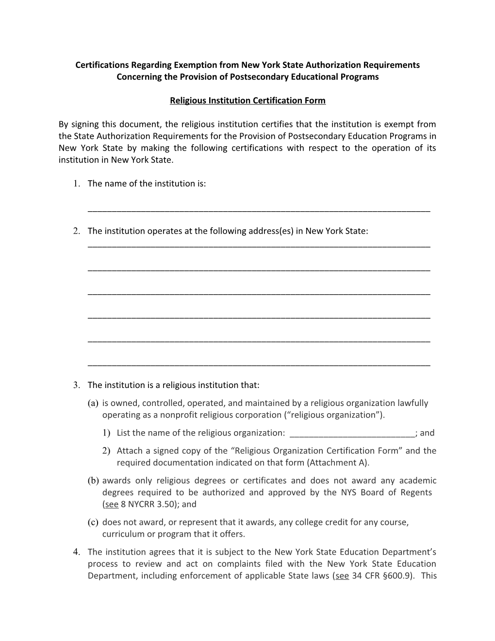 Religious Institution Certification Form