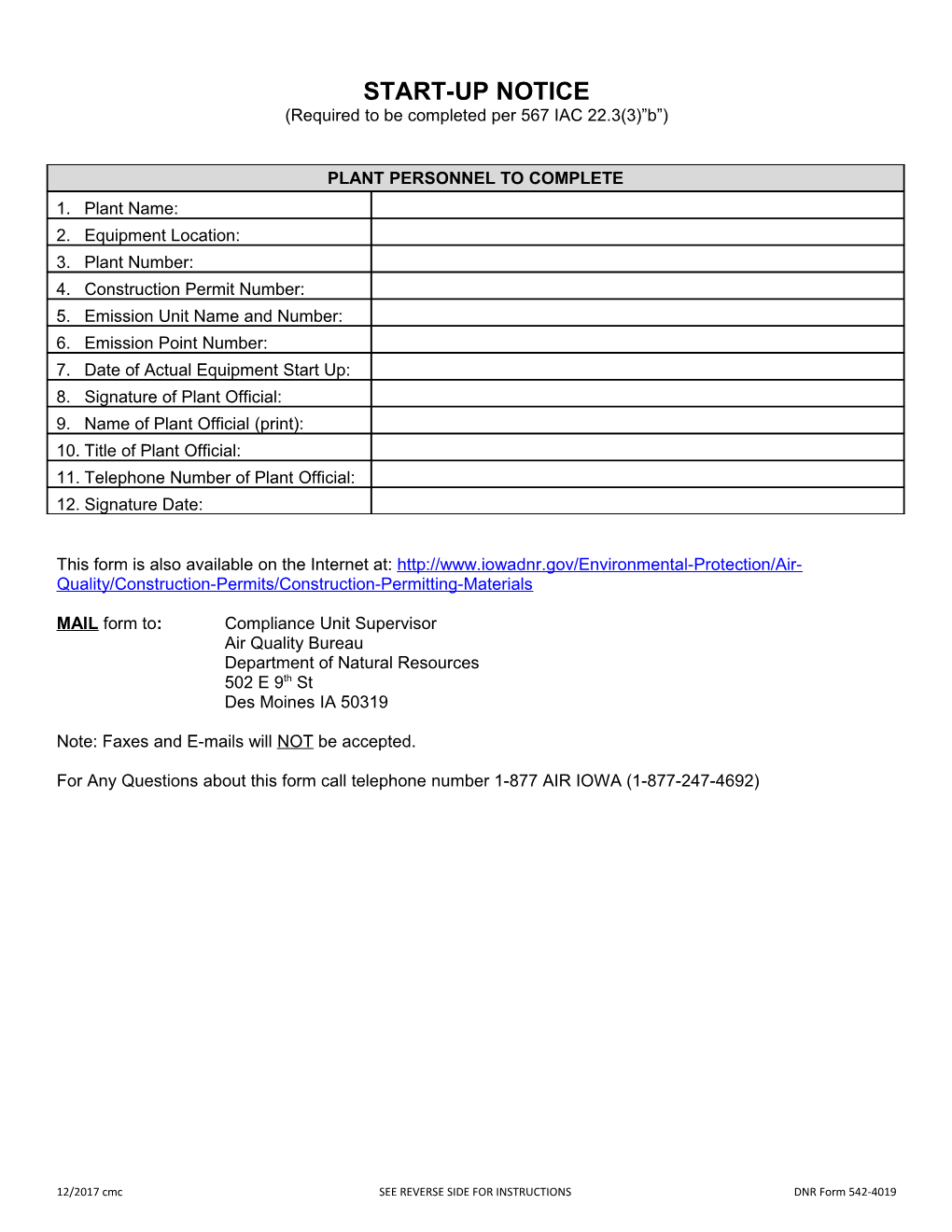 Air Quality Equipment Notification Form