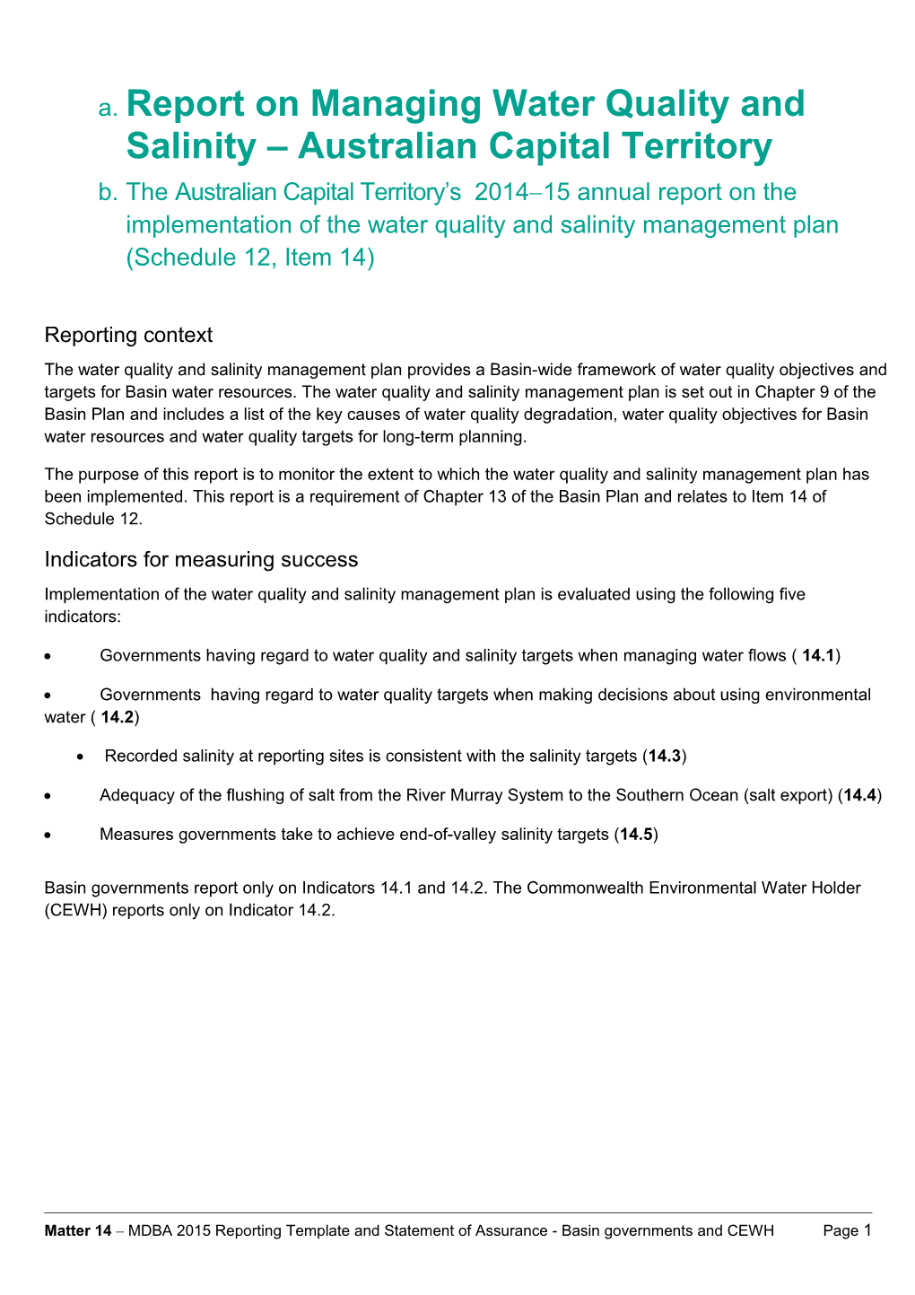 Report on Managing Water Quality and Salinity Australian Capital Territory