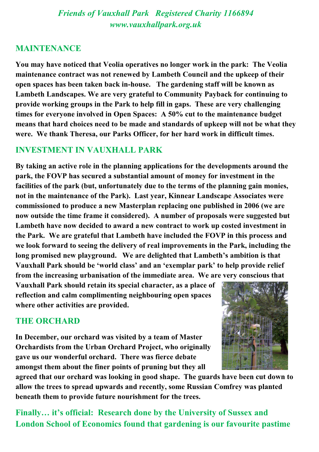 FRIENDS of VAUXHALL PARKNEWSLETTER No. 32