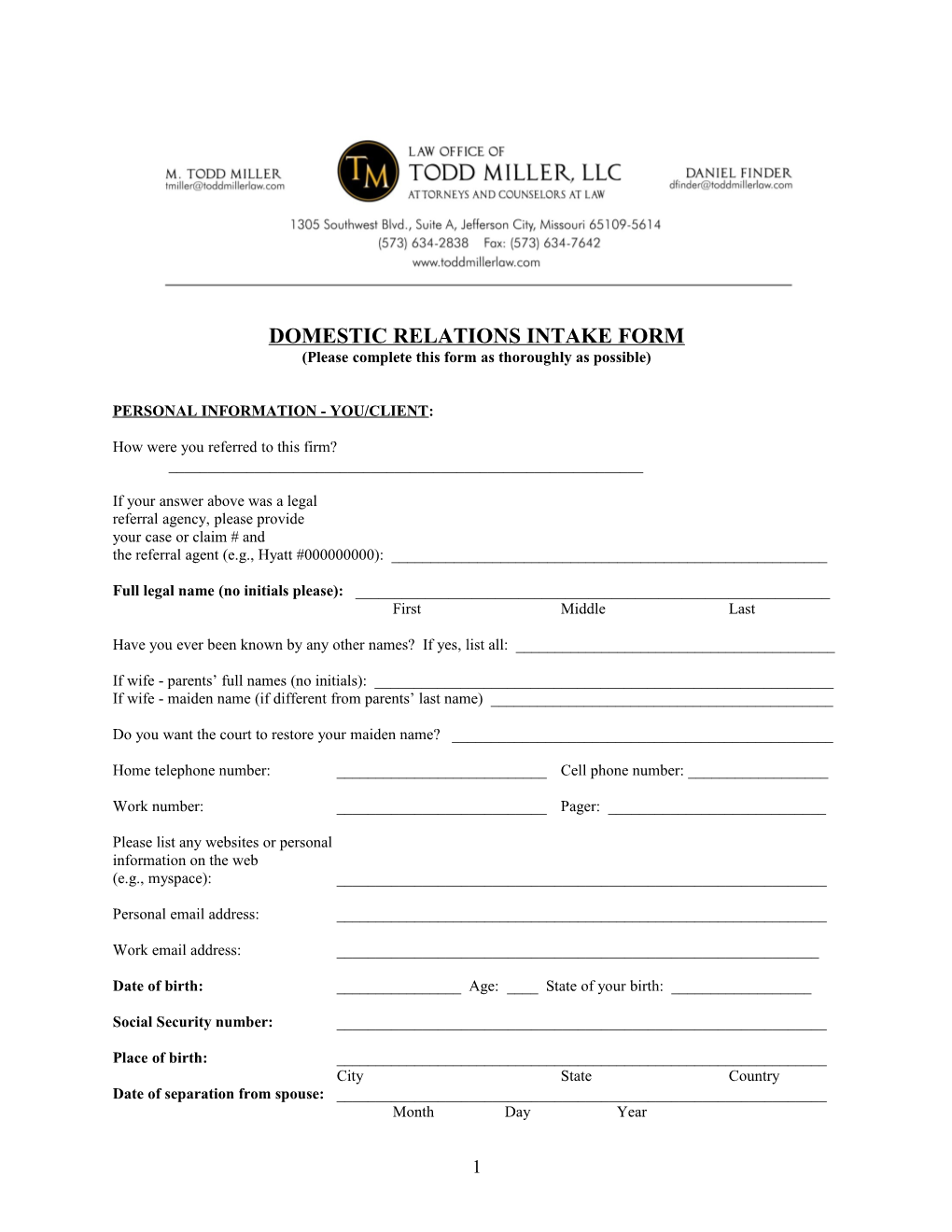 Domestic Relations Intake Form