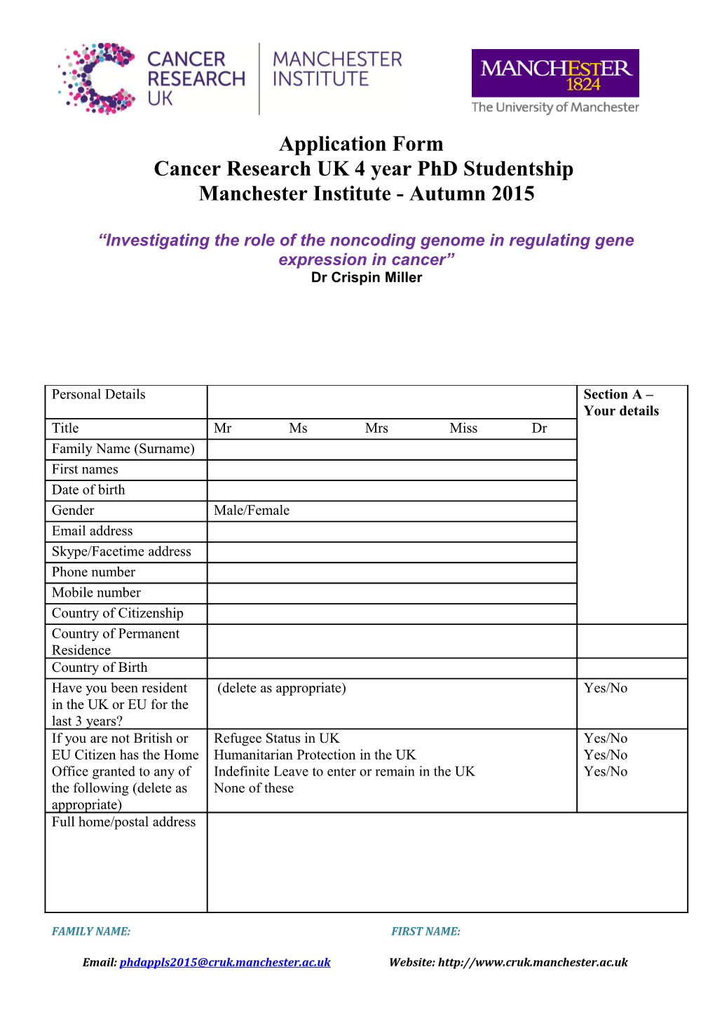 Cancer Research UK 4 Year Phd Studentship