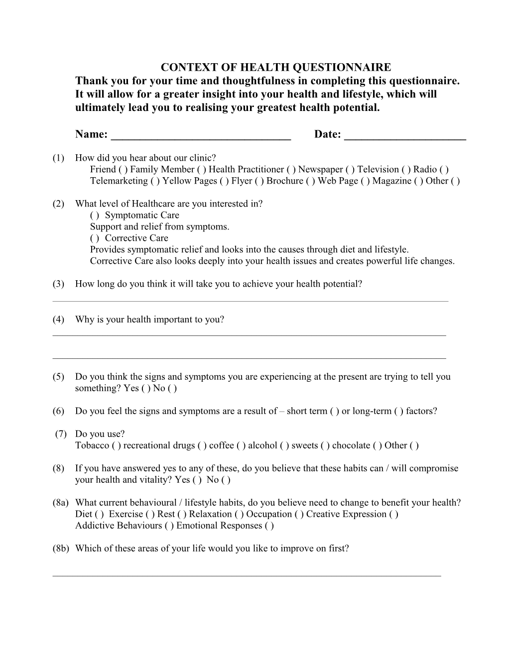 Context of Health Questionnaire