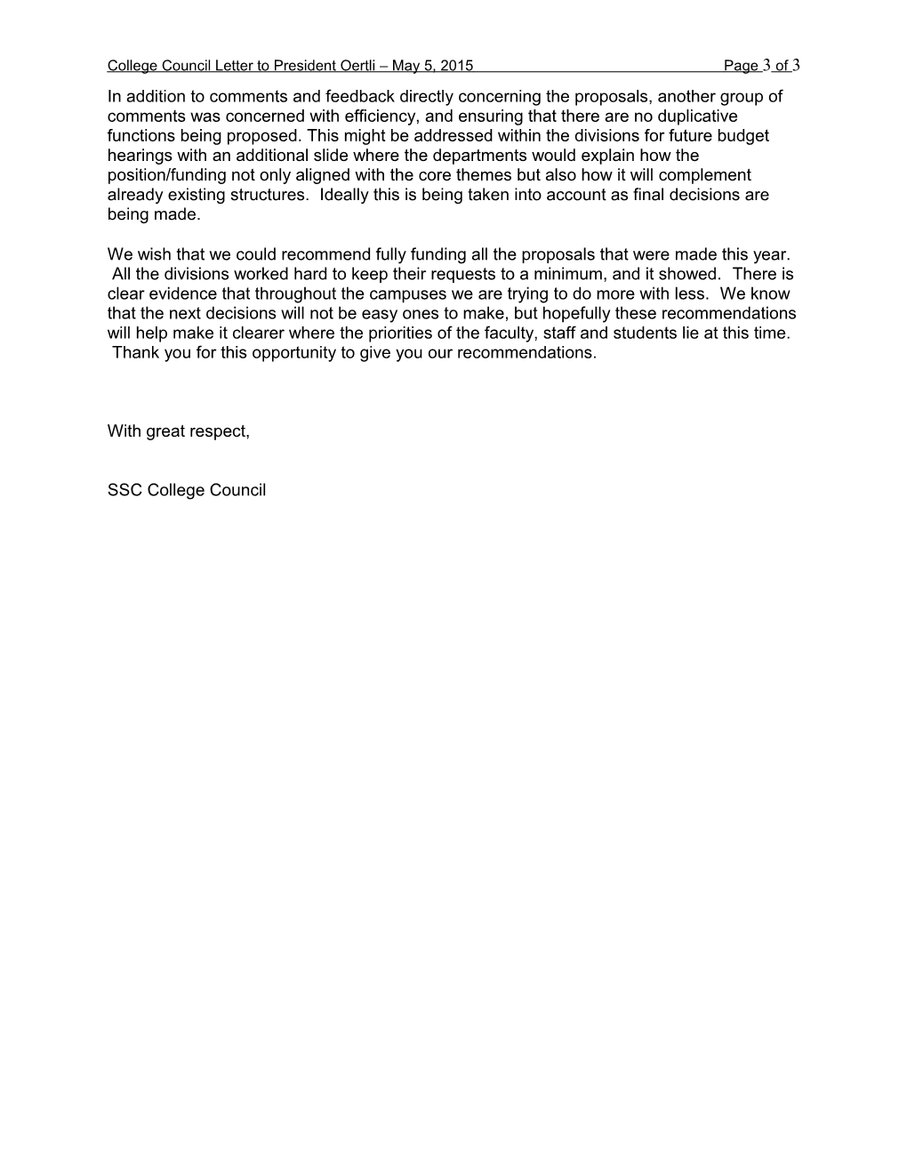College Council Letter to President Oertli May 5, 2015 Page 1 of 3