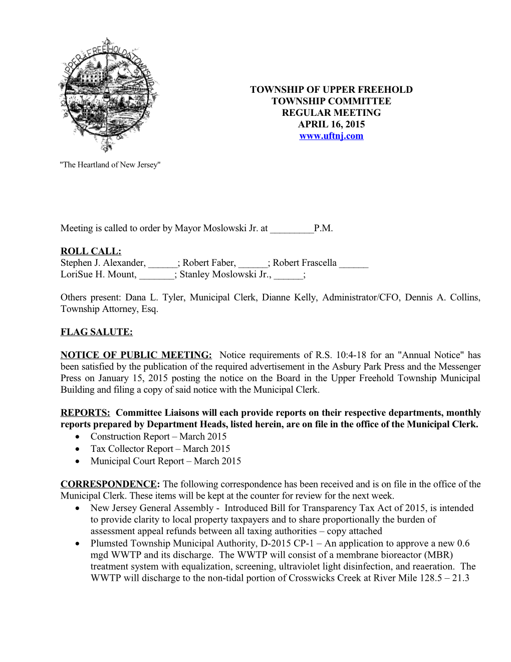 Upper Freehold Township Committee Regular Meeting April 16, 2015