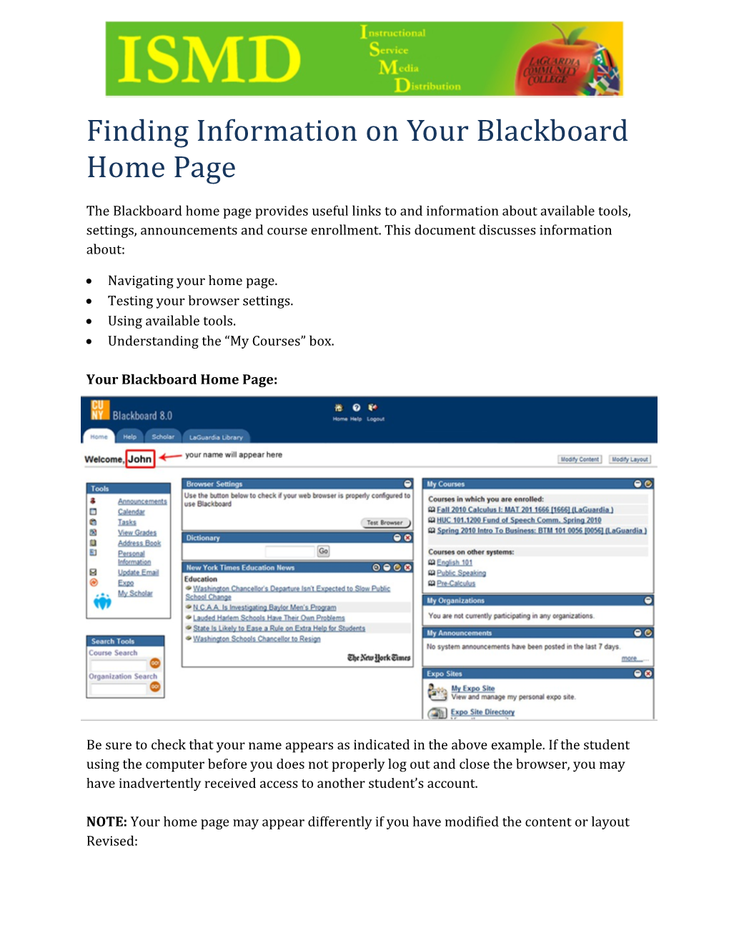 Finding Information on Your Blackboard Home Page