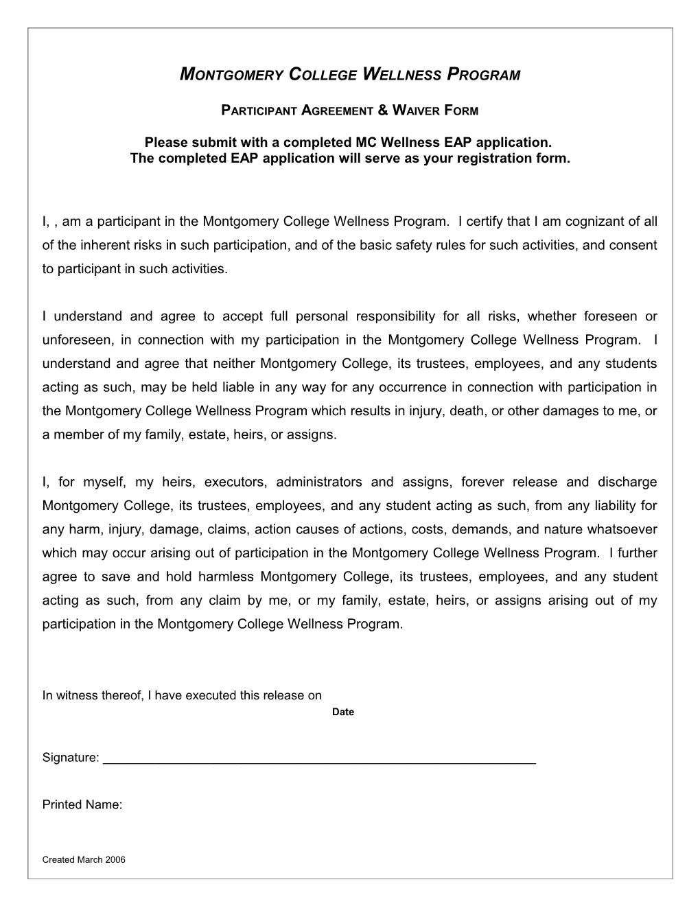 Participant Agreement & Waiver Form