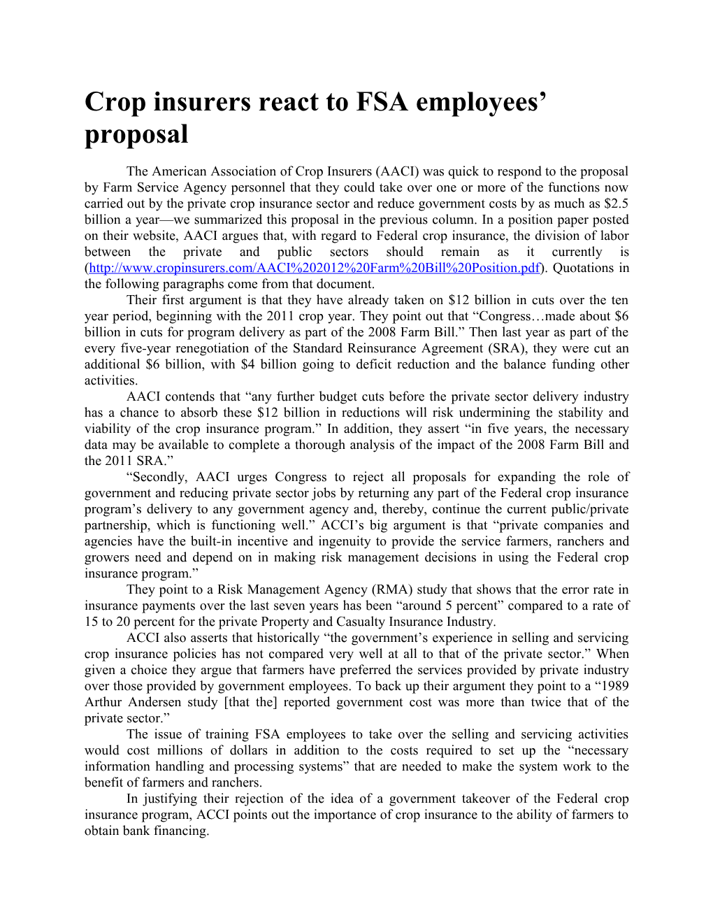 Crop Insurers React to FSA Employees Proposal