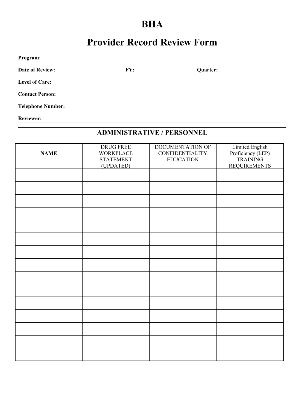 Provider Record Review Form