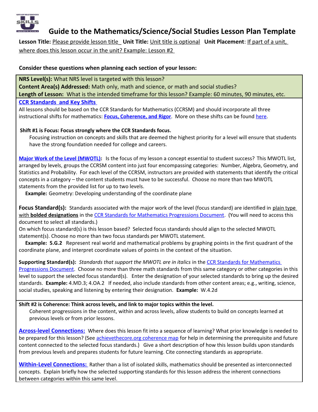 Guide to the Mathematics/Science/Social Studies Lesson Plan Template