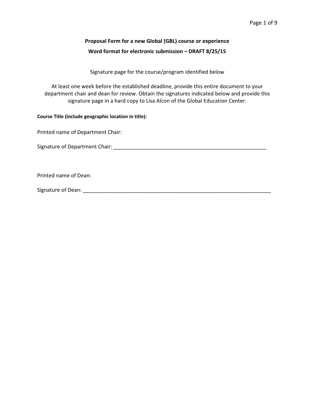 Proposal Form for a New Global (GBL) Course Or Experience
