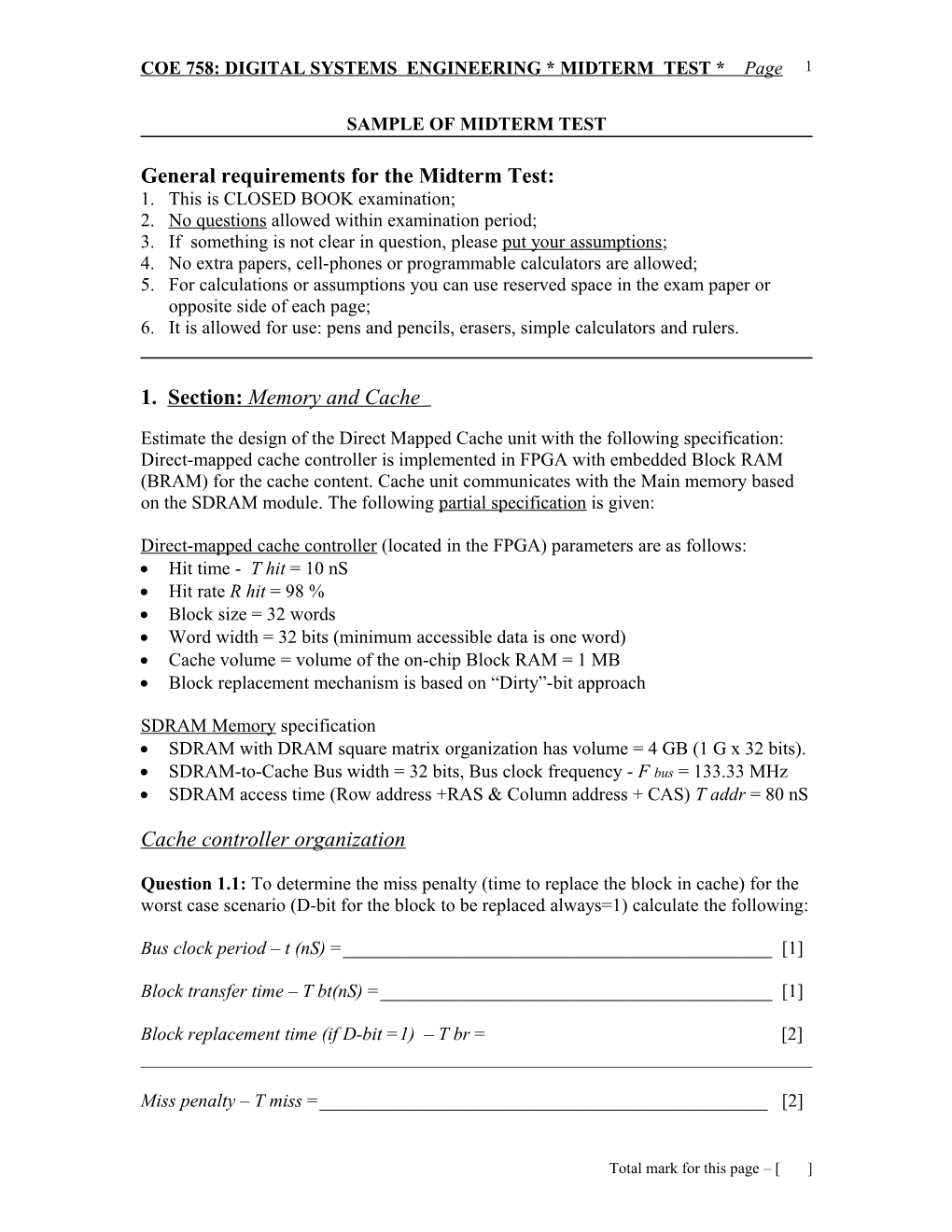 ELE 758 * DIGITAL SYSTEMS ENGINEERING * MIDTERM TEST * Page 1