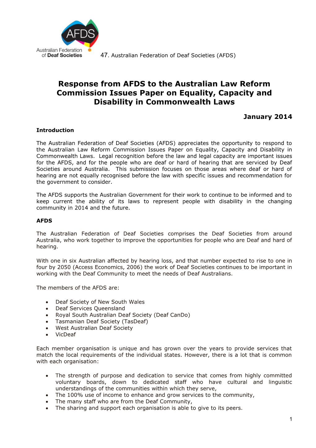 Response from AFDS to the Australian Law Reform Commission Issues Paper on Equality, Capacity