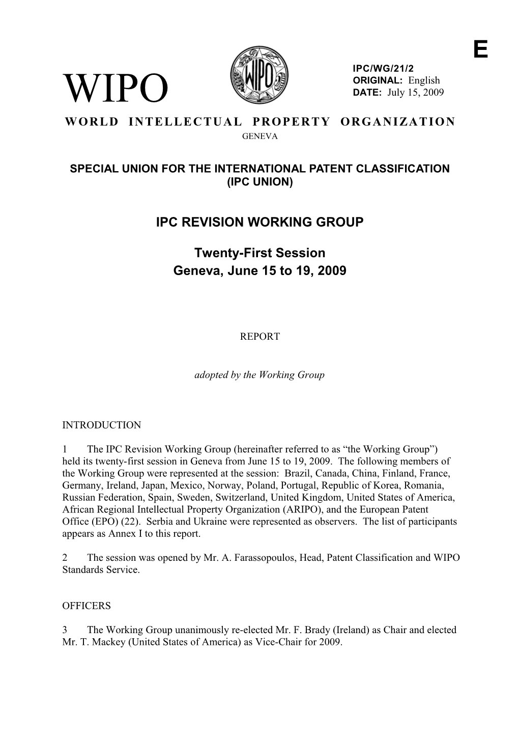 IPC/WG/21/2 - Report of the 21St Session of the IPC Revision Working Group