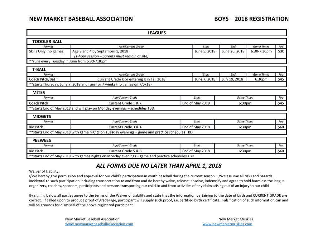 New Market Baseball Association Boys 2018 Registration