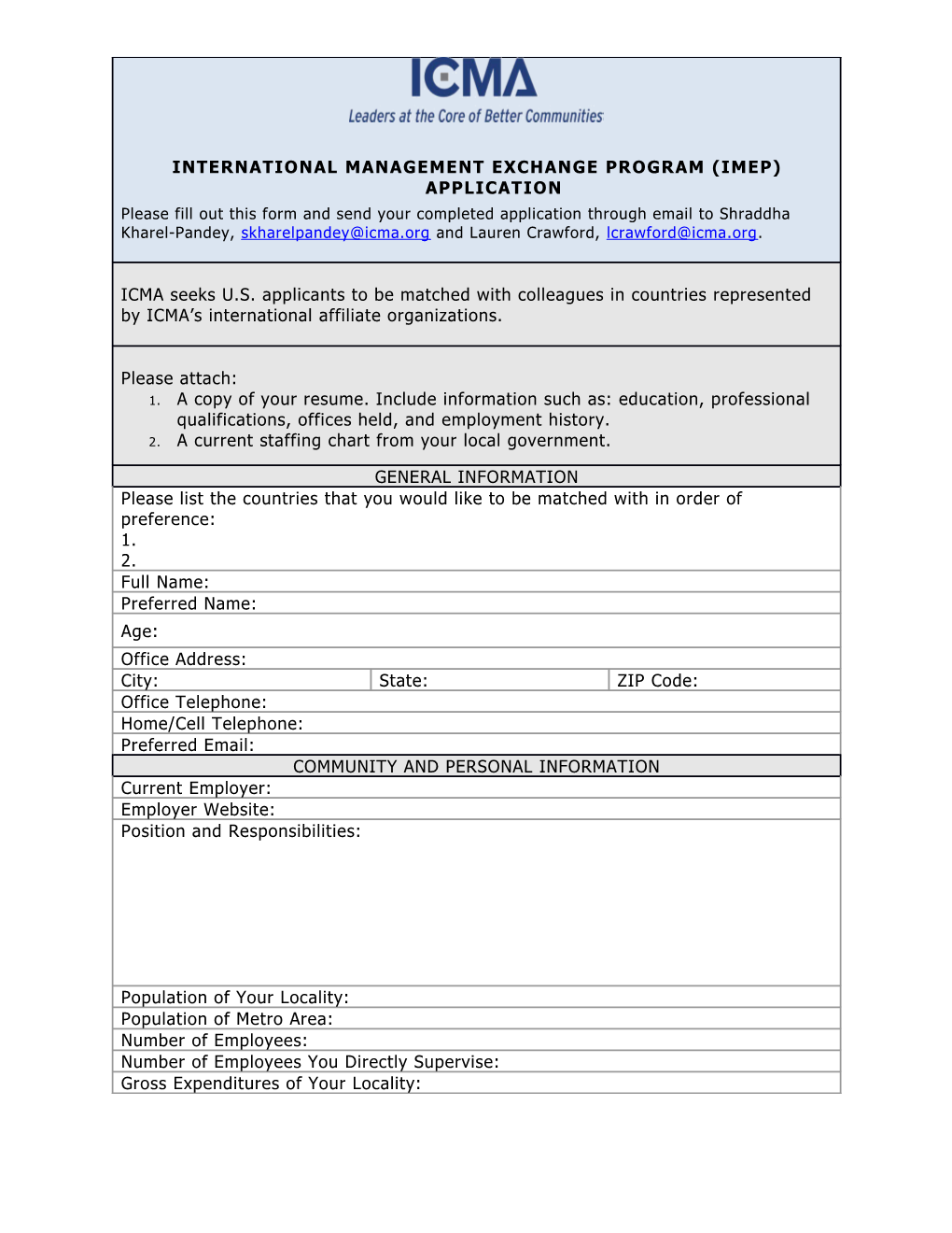 International Management Exchange Program (IMEP) Application