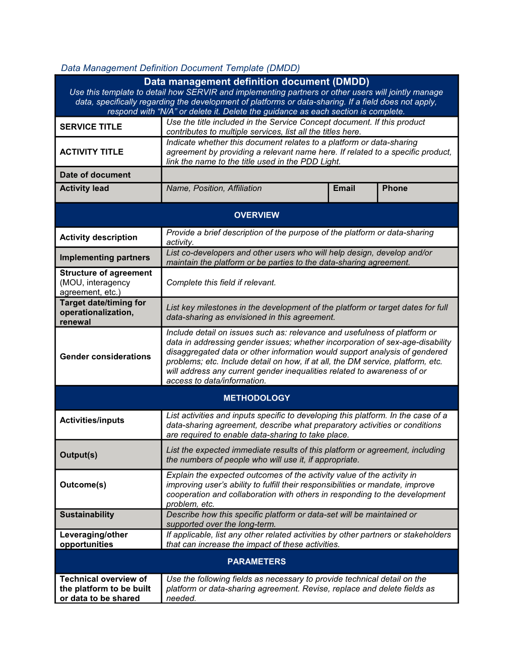 Data Management Definition Document Template (DMDD)