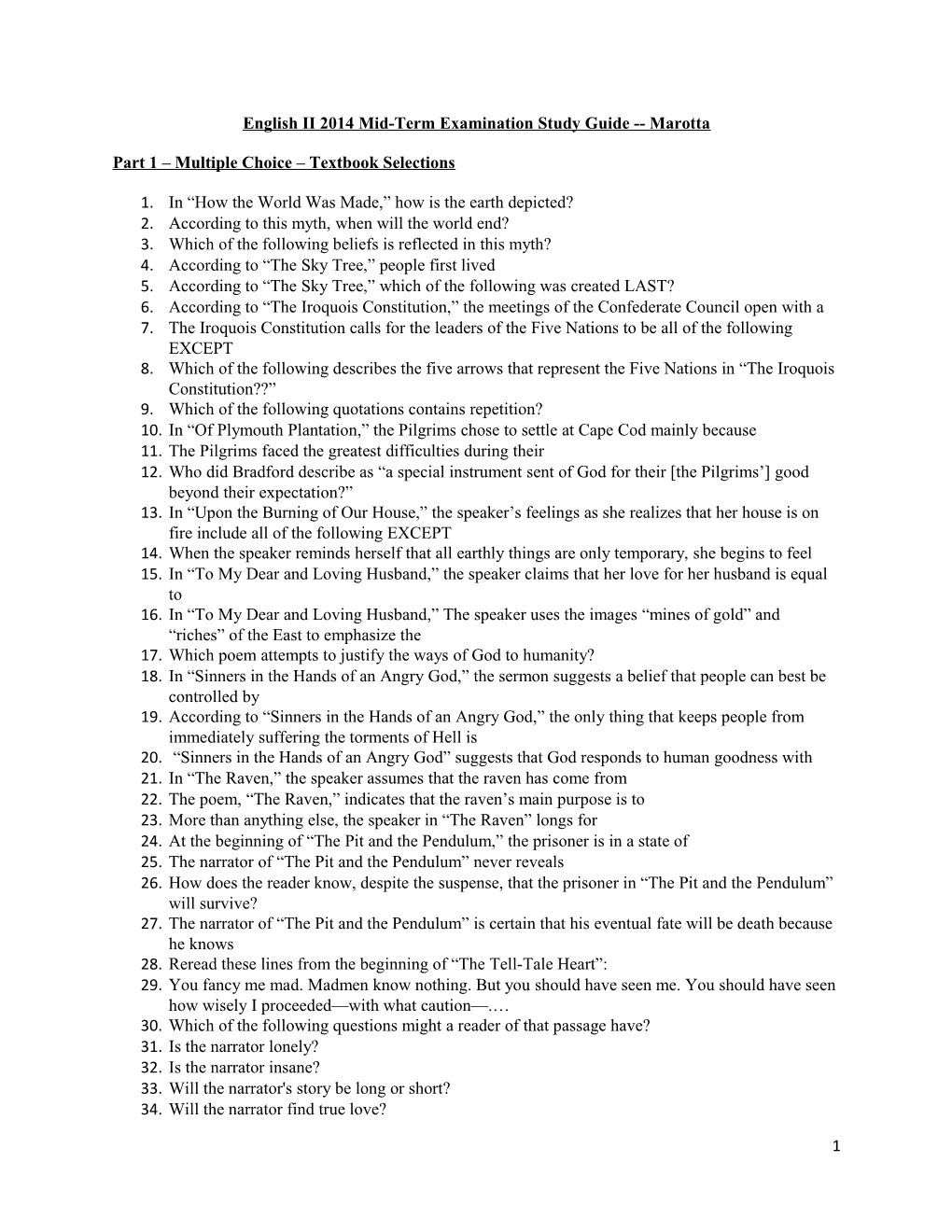 English II2014 Mid-Term Examination Study Guide Marotta