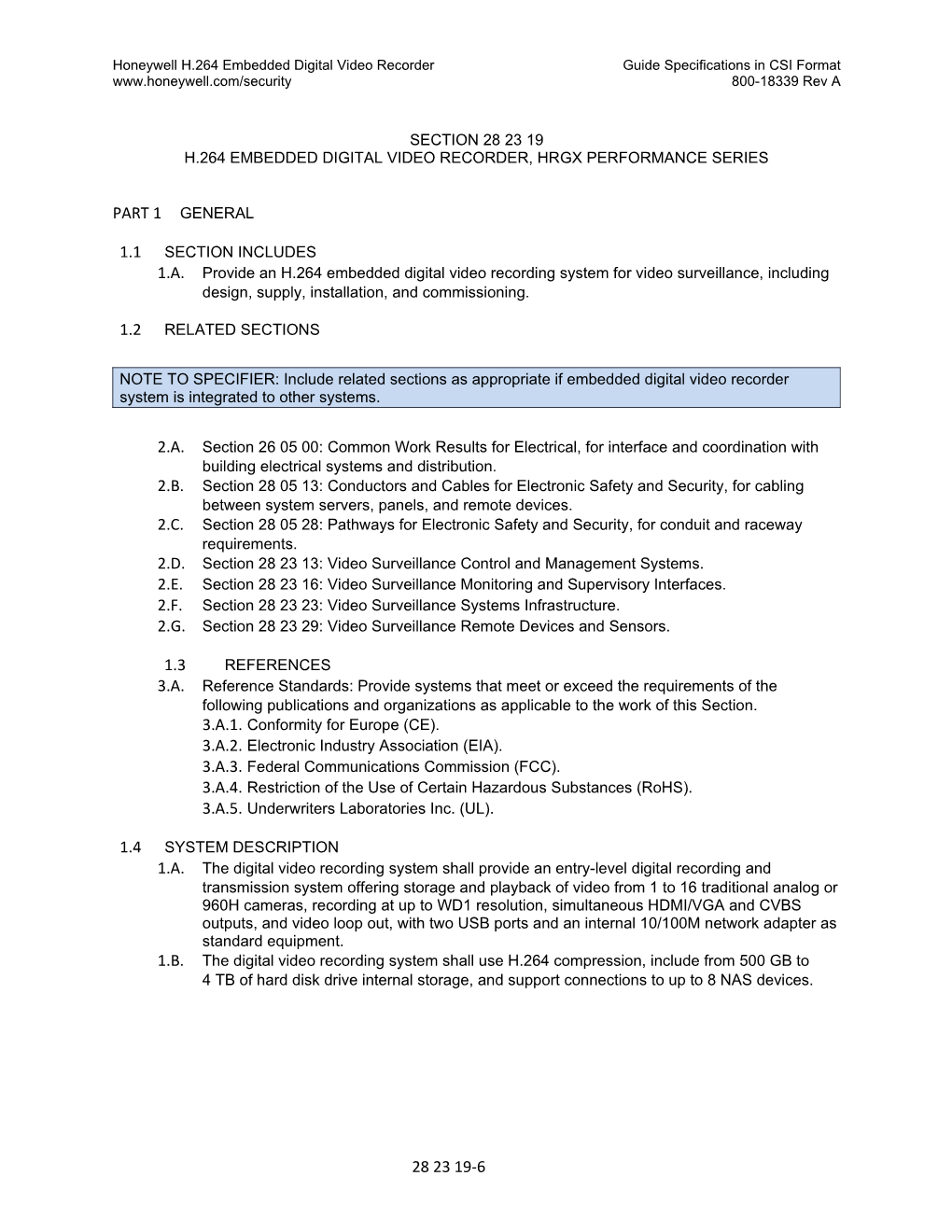 Honeywell H.264 Embedded Digital Video Recorderguide Specifications in CSI Format