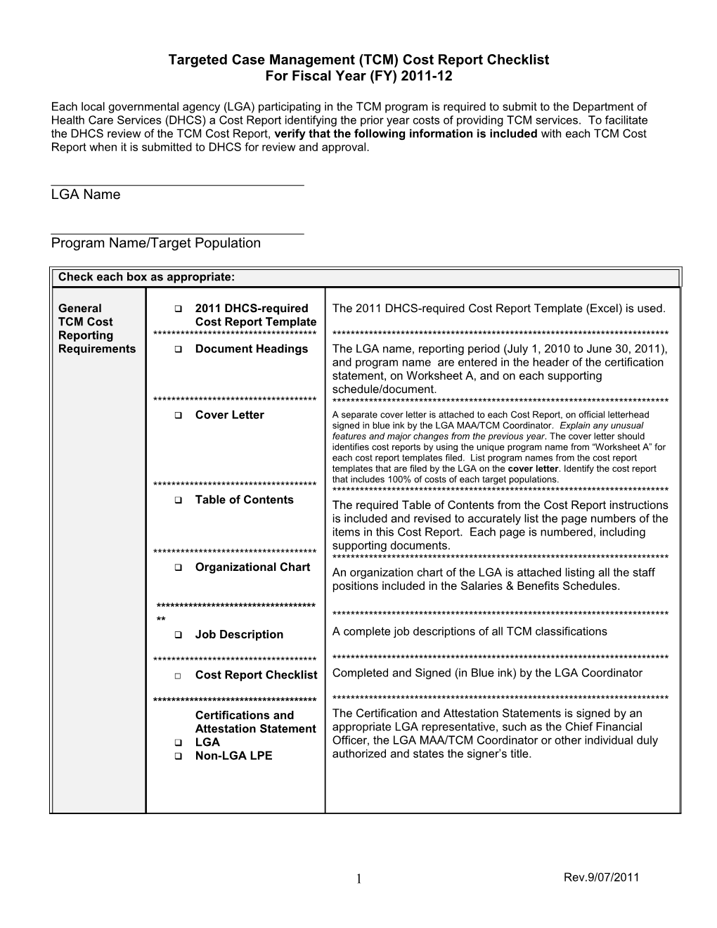 2011 Cost Report Checklist V090711