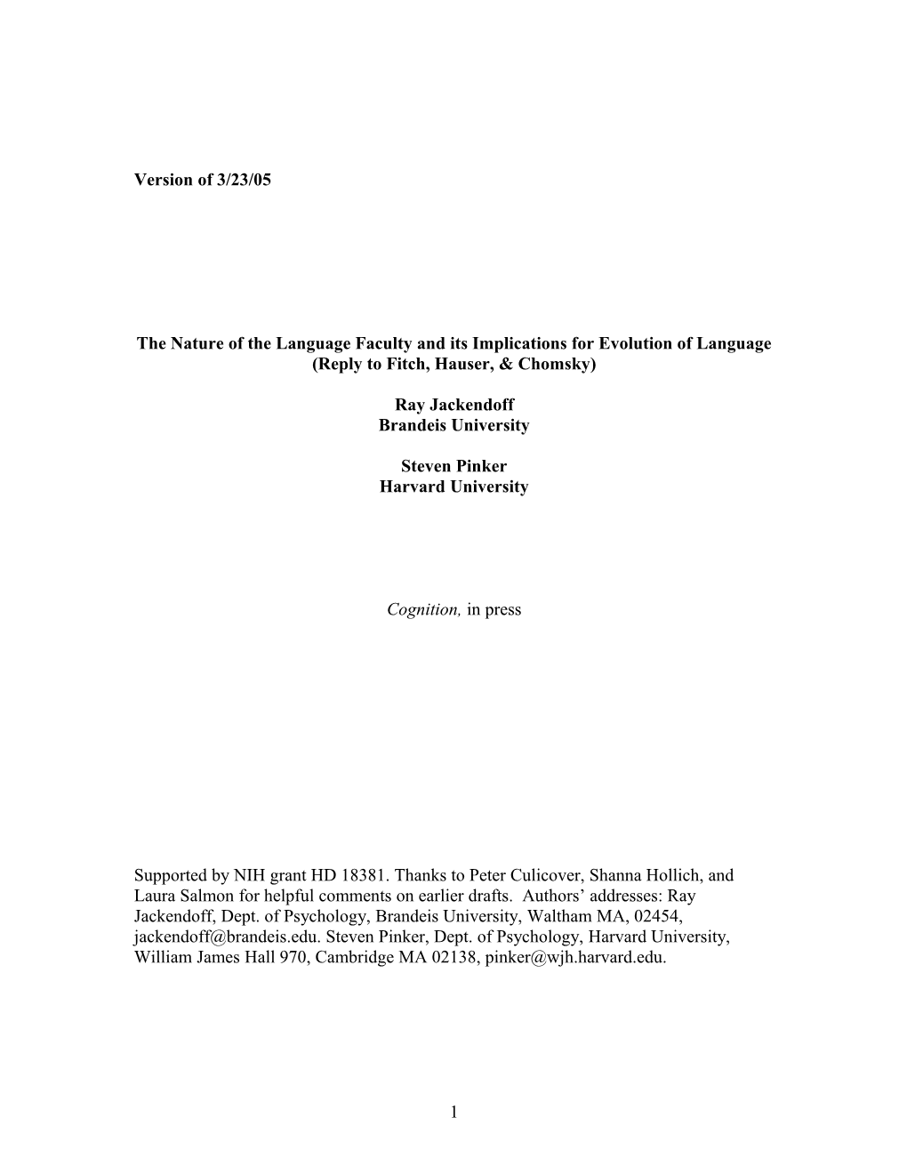 The Nature of the Language Faculty and Its Implications for Evolution of Language