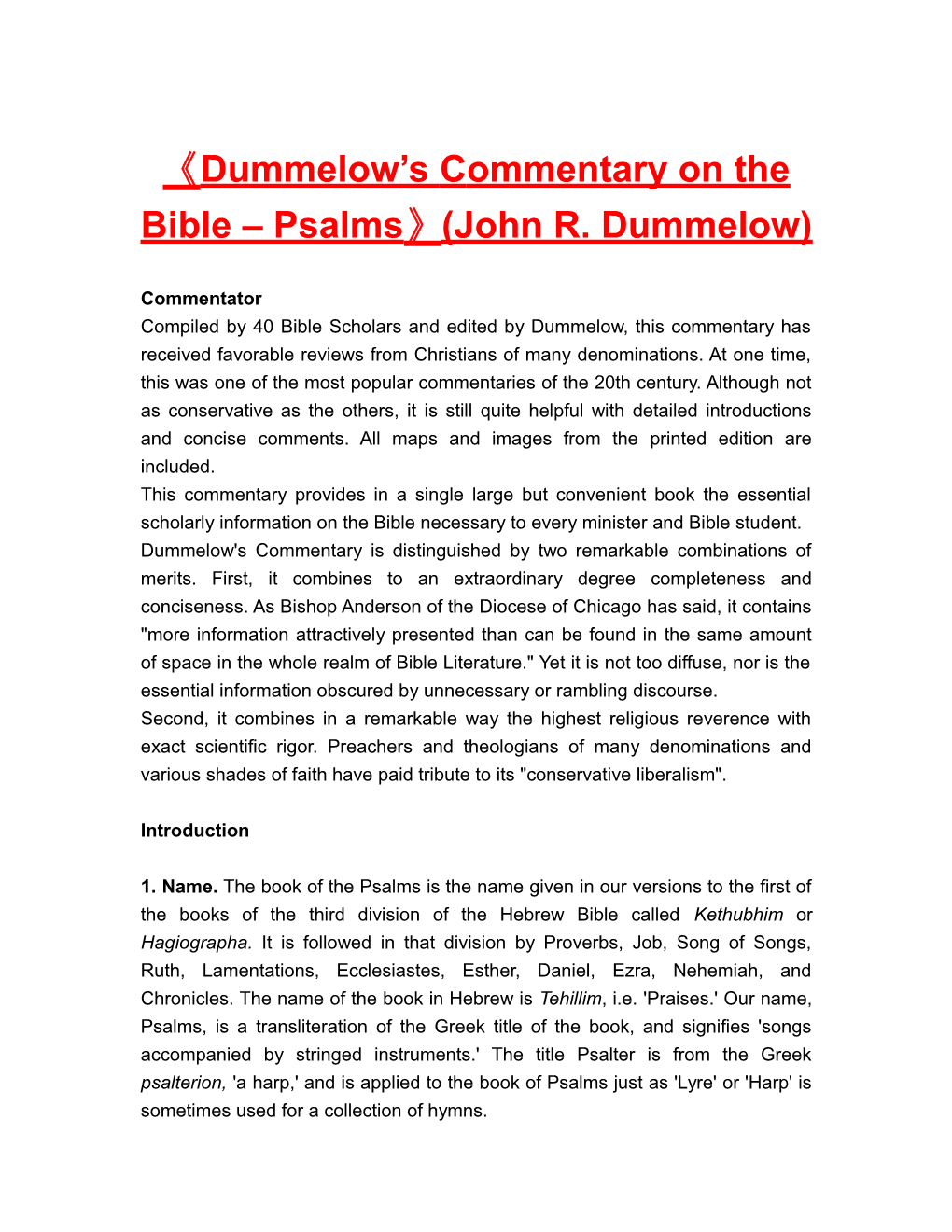 Dummelow S Commentary on the Bible Psalms (John R. Dummelow)