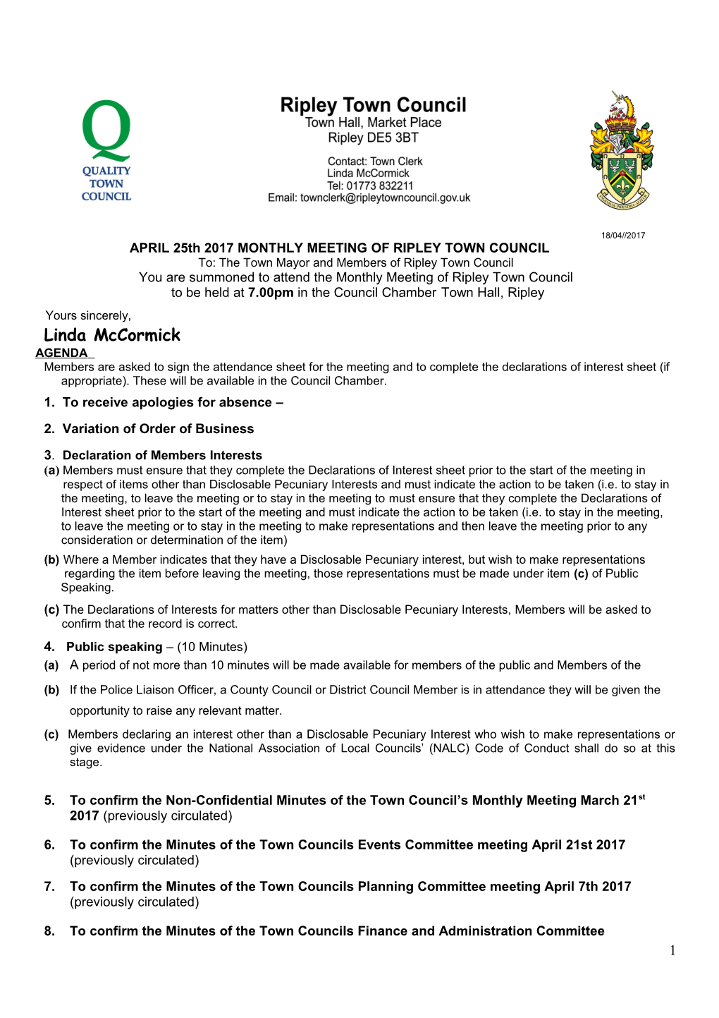 APRIL 25Th2017 MONTHLY MEETING of RIPLEY TOWN COUNCIL