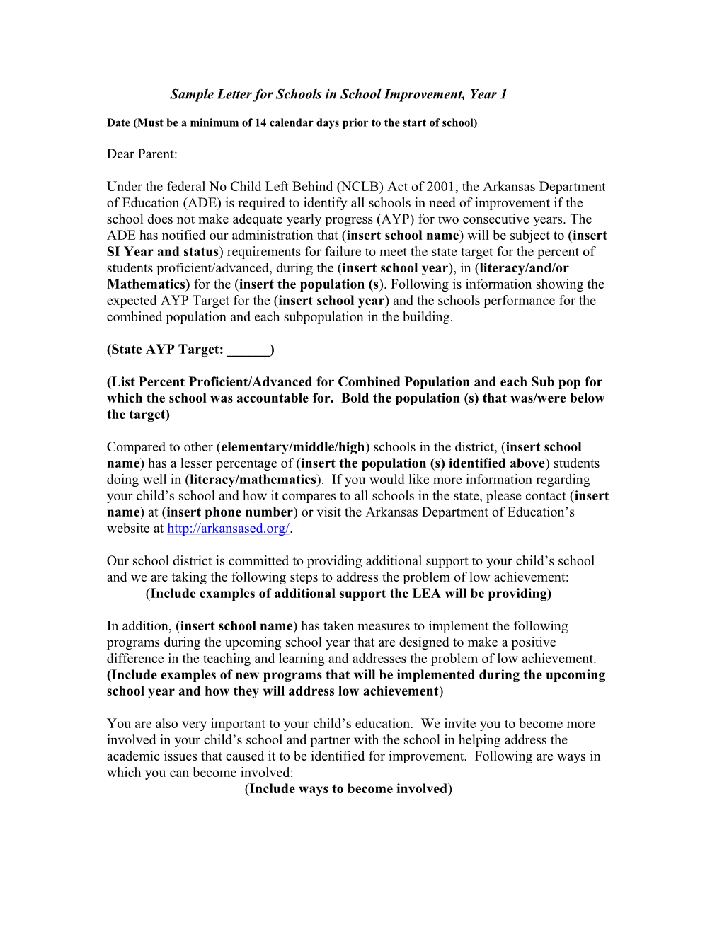 Sample Letter for Schools in School Improvement, Year 1