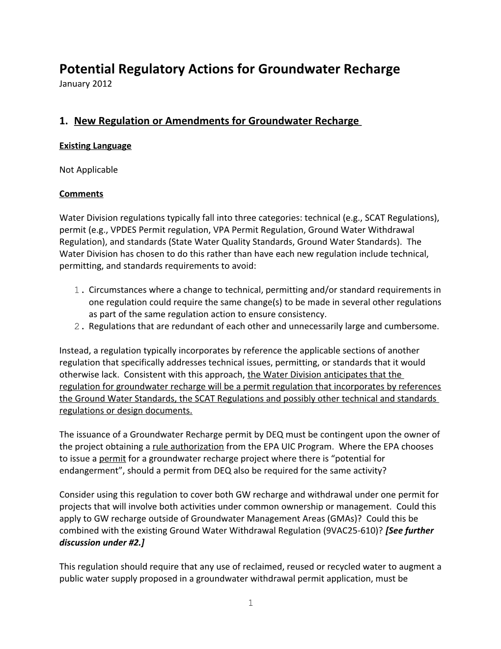 Potential Regulatory Actions for Groundwater Recharge