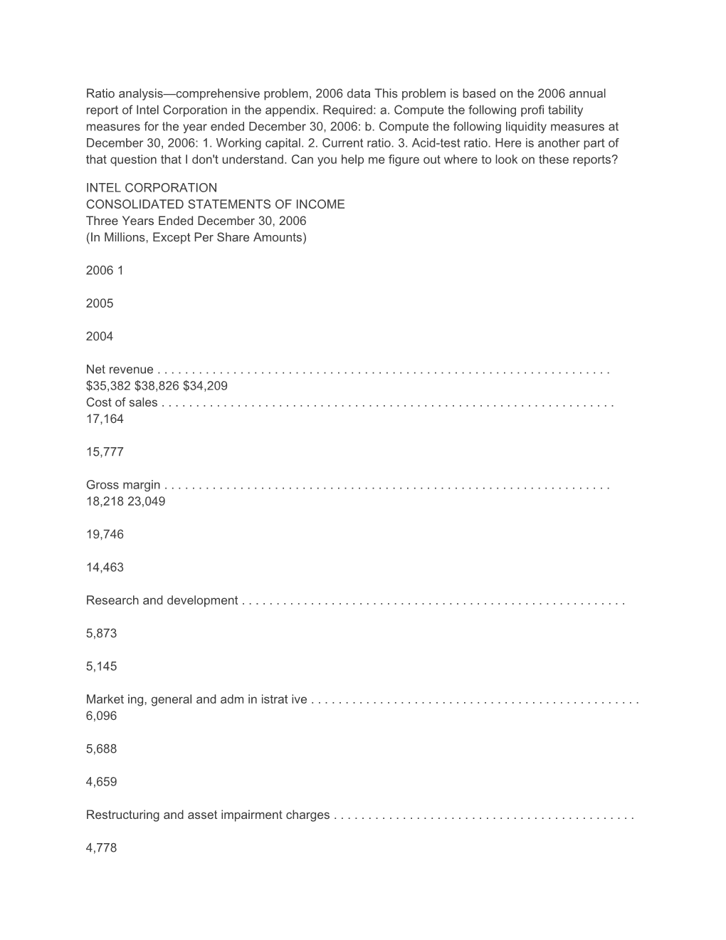 Ratio Analysis Comprehensive Problem, 2006 Data This Problem Is Based on the 2006 Annual