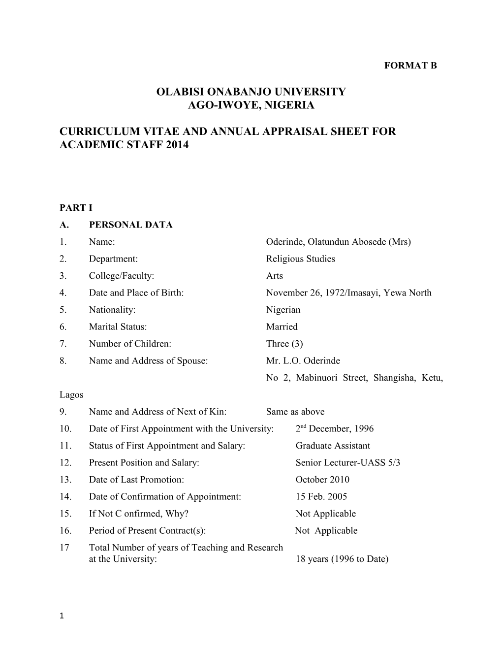 Curriculum Vitae and Annual Appraisal Sheet for Academic Staff 2014