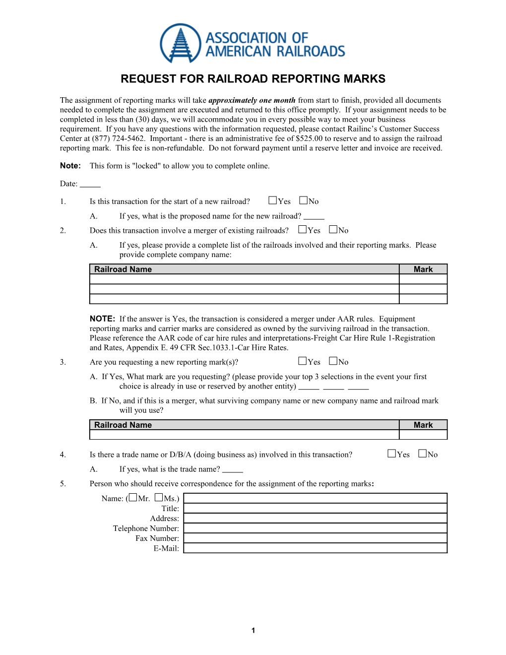 Request for Railroad Reporting Marks