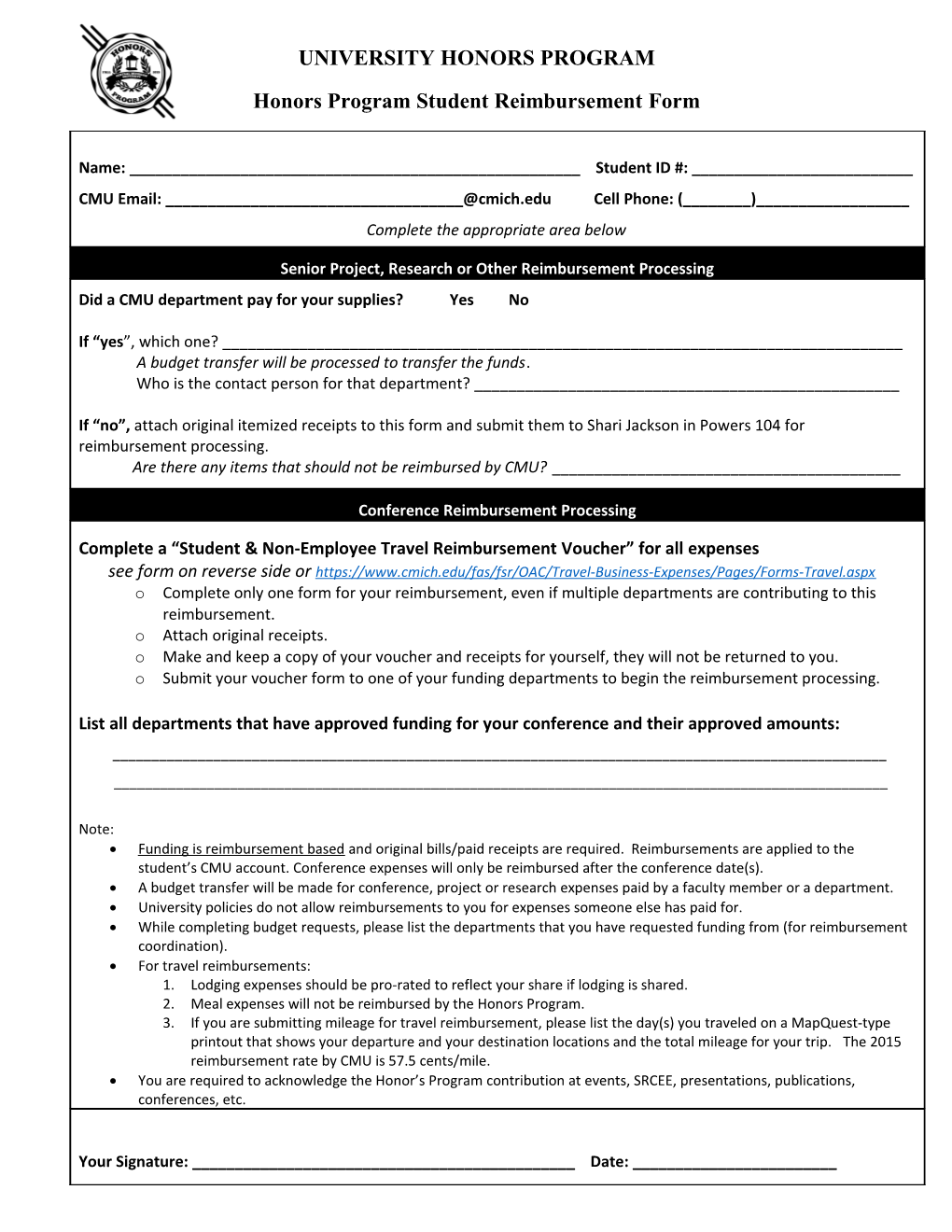 Honors Program Student Reimbursement Form