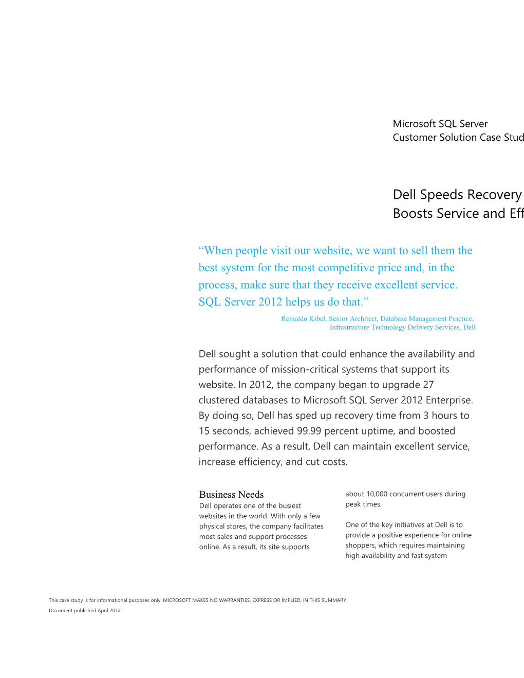 Dell Speeds Recovery Time by 99 Percent, Boosts Service and Efficiency, and Cuts Costs