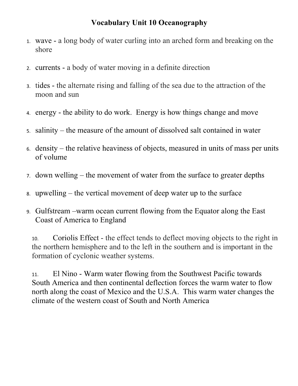 Vocabulary Unit 10 Oceanography