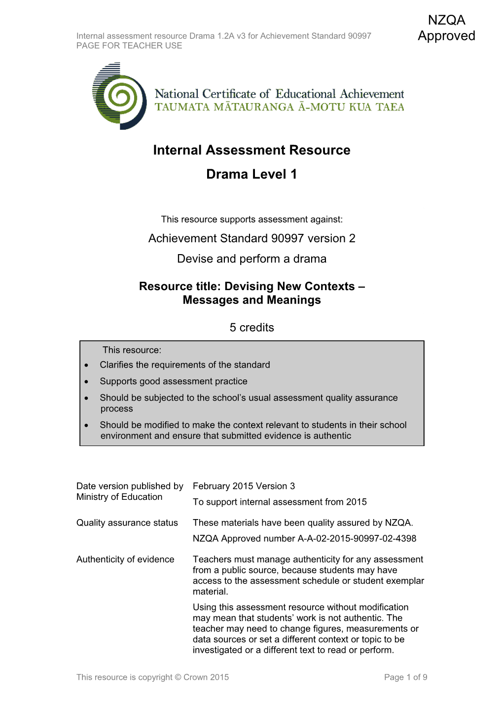 Level 1 Drama Internal Assessment Resource