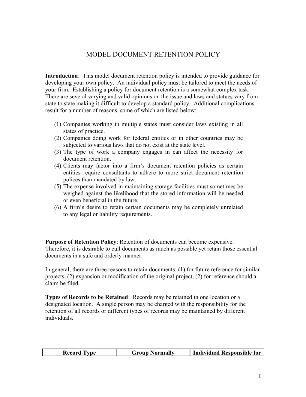 Model Document Retention Policy