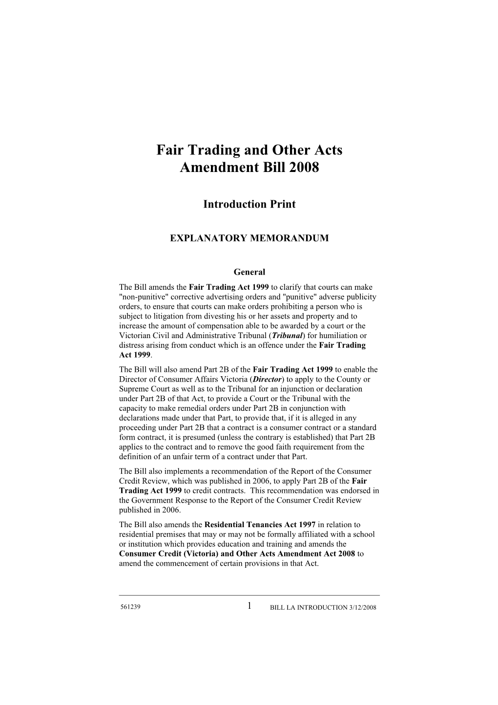 Fair Trading and Other Acts Amendment Bill 2008