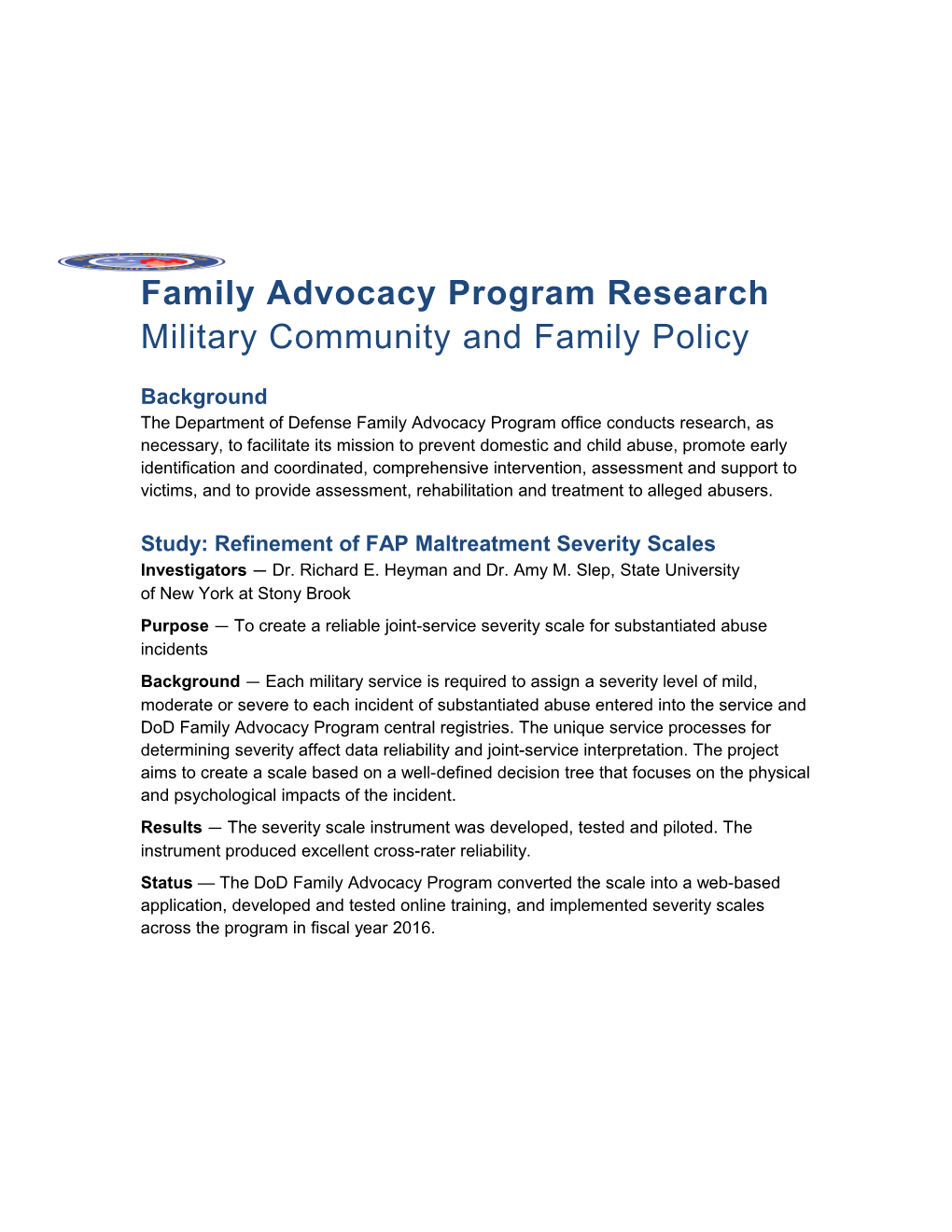 Family Advocacy Program Research