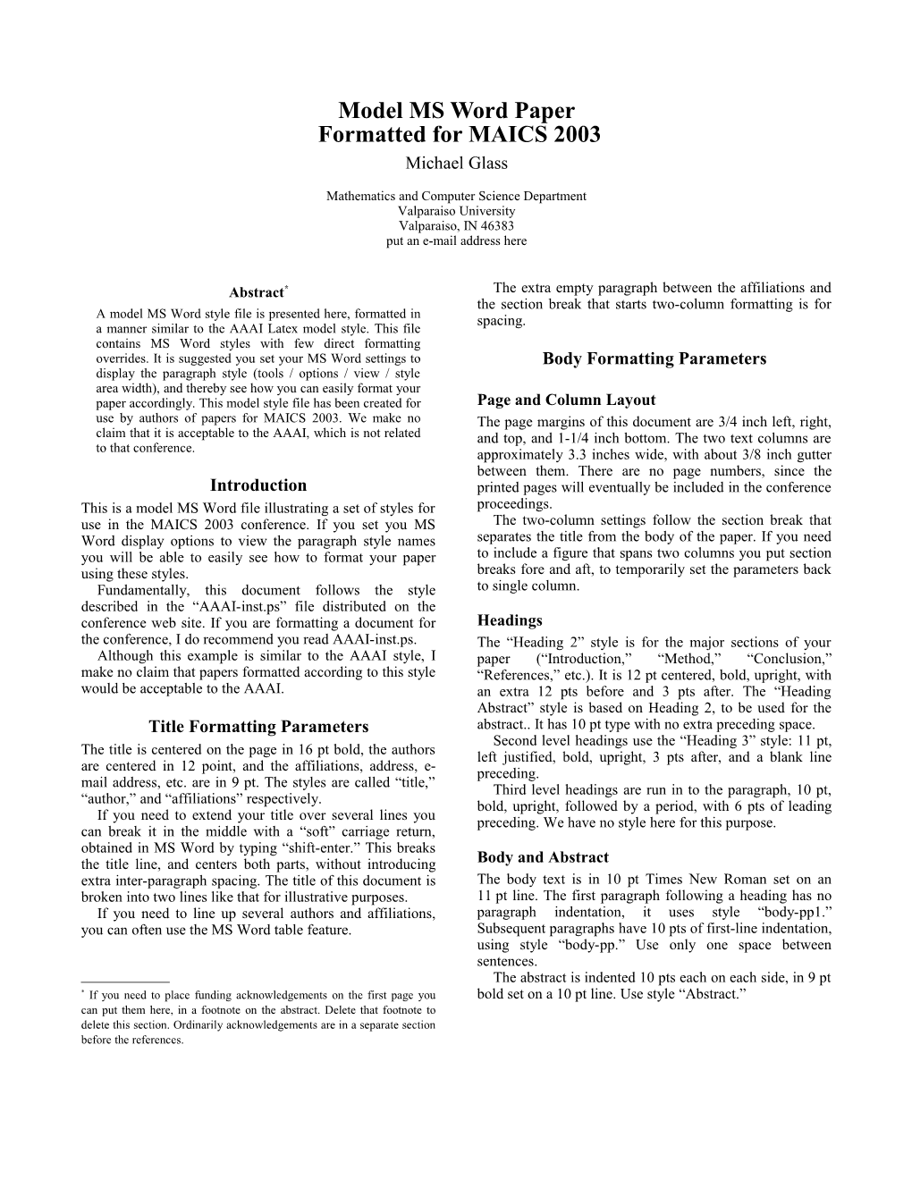 Model MS Word Paper for MAICS 2003