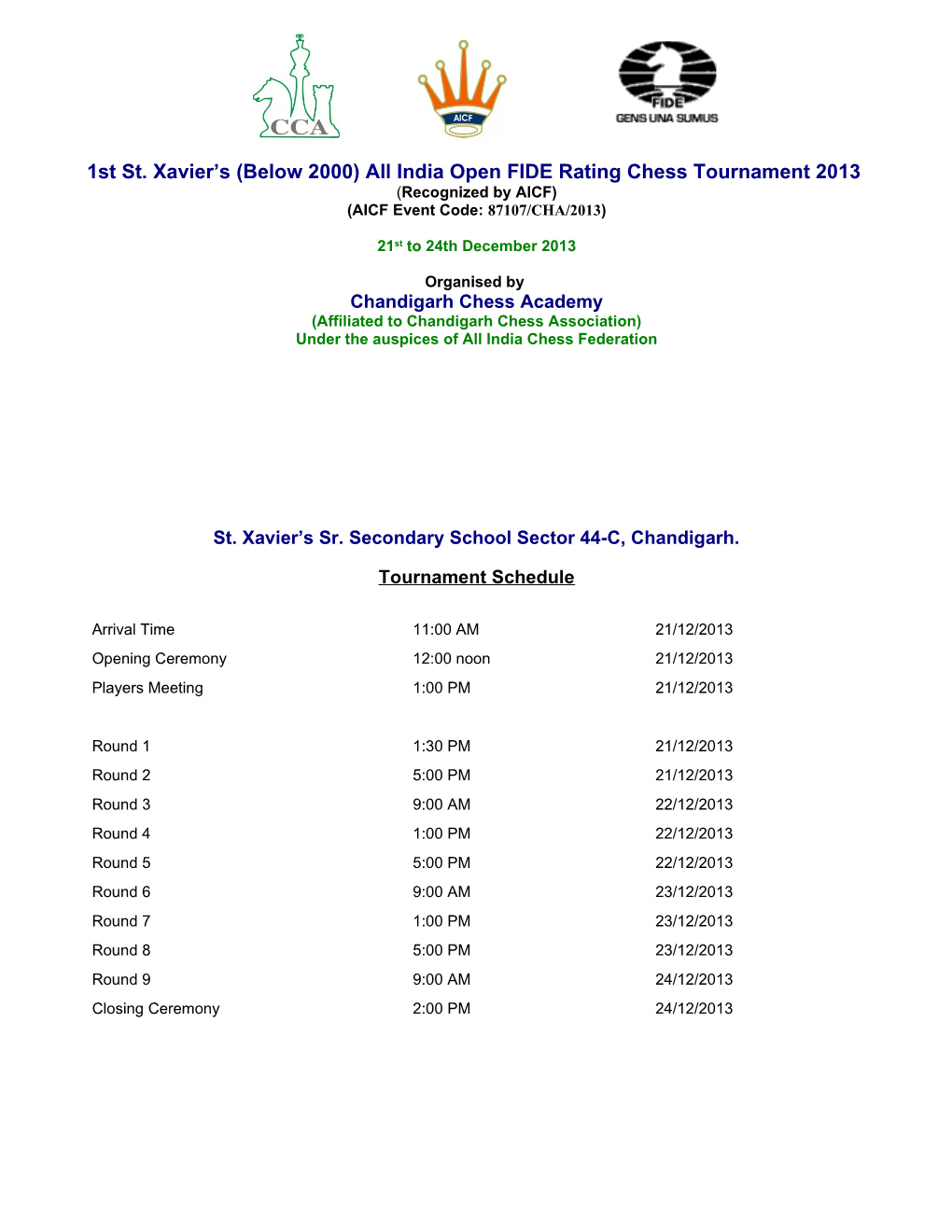 1St Chandigarh Open Fide Rating Chess Championship 2010, from 1St to 6Th Jan , 2010